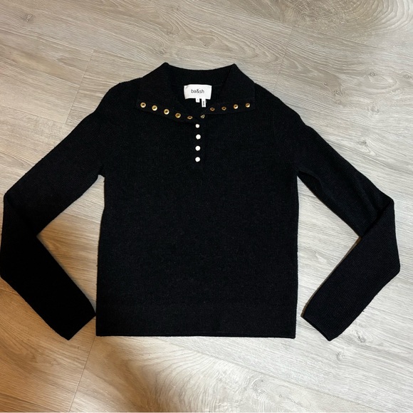 ba&sh Charcoal Button-Down Women's Sweater with Gold Accents